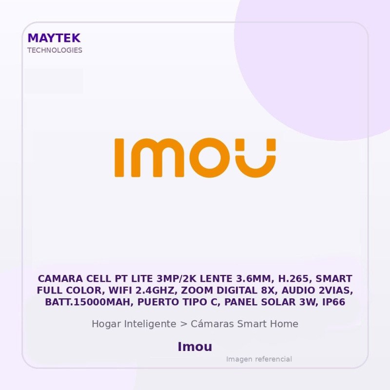 Imou Camara CELL PT LITE 3MP/2K Lente 3.6MM, H.265, Smart FULL Color, WIFI 2.4GHZ, ZOOM Digital 8X, Audio 2VIAS, BATT.15000MAH