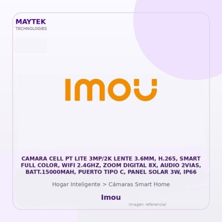 Imou Camara CELL PT LITE 3MP/2K Lente 3.6MM, H.265, Smart FULL Color, WIFI 2.4GHZ, ZOOM Digital 8X, Audio 2VIAS, BATT.15000MAH