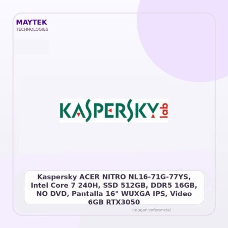 Kaspersky ACER NITRO NL16-71G-77YS, Intel Core 7 240H, SSD 512GB, DDR5 16GB, NO DVD, Pantalla 16" WUXGA IPS, Video 6GB RTX3050