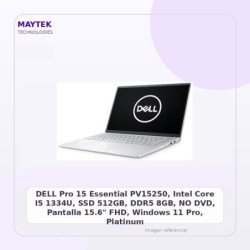 DELL Pro 15 Essential PV15250, Intel Core I5 1334U, SSD 512GB, DDR5 8GB, NO DVD, Pantalla 15.6" FHD, Windows 11 Pro, Platinum