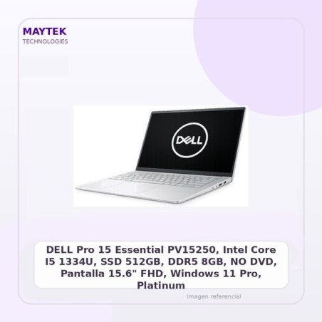 DELL Pro 15 Essential PV15250, Intel Core I5 1334U, SSD 512GB, DDR5 8GB, NO DVD, Pantalla 15.6" FHD, Windows 11 Pro, Platinum