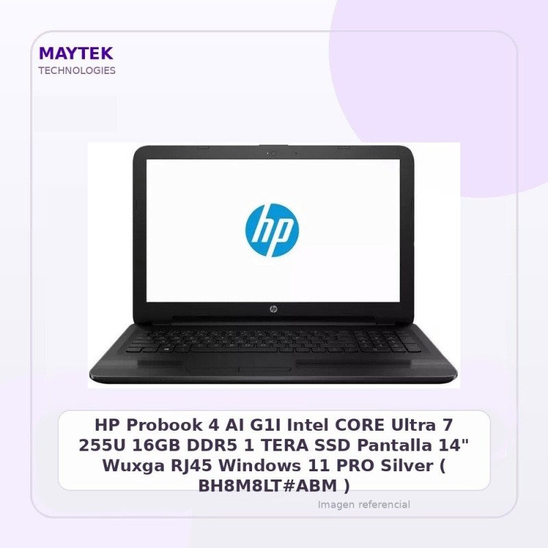 HP Probook 4 AI G1I | Intel CORE Ultra 7 255U | 16GB DDR5 | 1 TERA SSD | Pantalla 14" Wuxga | RJ45 | Windows 11 PRO | Silver (
