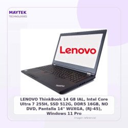 LENOVO ThinkBook 14 G8 IAL, Intel Core Ultra 7 255H, SSD 512G, DDR5 16GB, NO DVD, Pantalla 14" WUXGA, (RJ-45), Windows 11 Pro