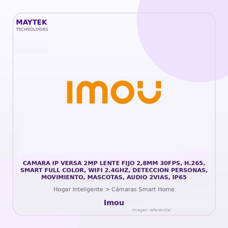 Imou Camara IP Versa 2MP Lente FIJO 2,8MM 30FPS, H.265, Smart FULL Color, WIFI 2.4GHZ, Deteccion Personas, Movimiento, Mascotas