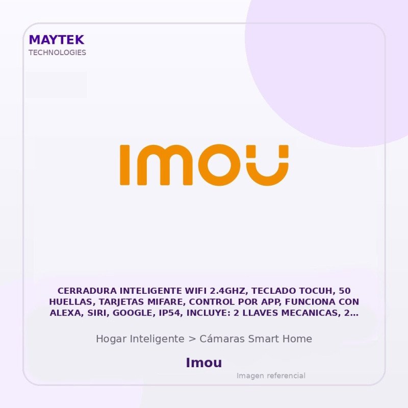 Imou Cerradura Inteligente WIFI 2.4GHZ, Teclado Tocuh, 50 Huellas, Tarjetas Mifare, Control por APP, Funciona con Alexa, SIRI