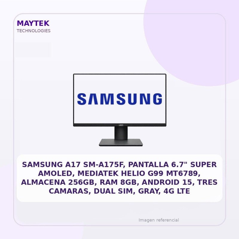 Samsung A17 Sm-a175f, Pantalla 6.7" Super Amoled, Mediatek Helio G99 Mt6789, Almacena 256gb, RAM 8GB, Android 15, Tres