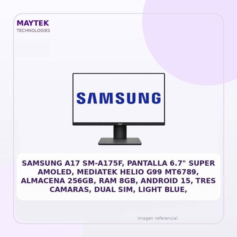 Samsung A17 Sm-a175f, Pantalla 6.7" Super Amoled, Mediatek Helio G99 Mt6789, Almacena 256gb, RAM 8GB, Android 15, Tres