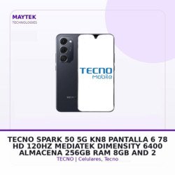 Tecno Spark 50 5G KN8, Pantalla 6.78" HD 120hz, Mediatek Dimensity 6400, Almacena 256gb, RAM 8GB, Android 16, Camara Trasera