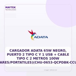 Cargador Adata 65W Negro, Puerto 2 Tipo C Y 1 USB + Cable Tipo C 2 Metros 100W (celulares/portatiles)(chu-0653-qcpdbk-ccu2-200)