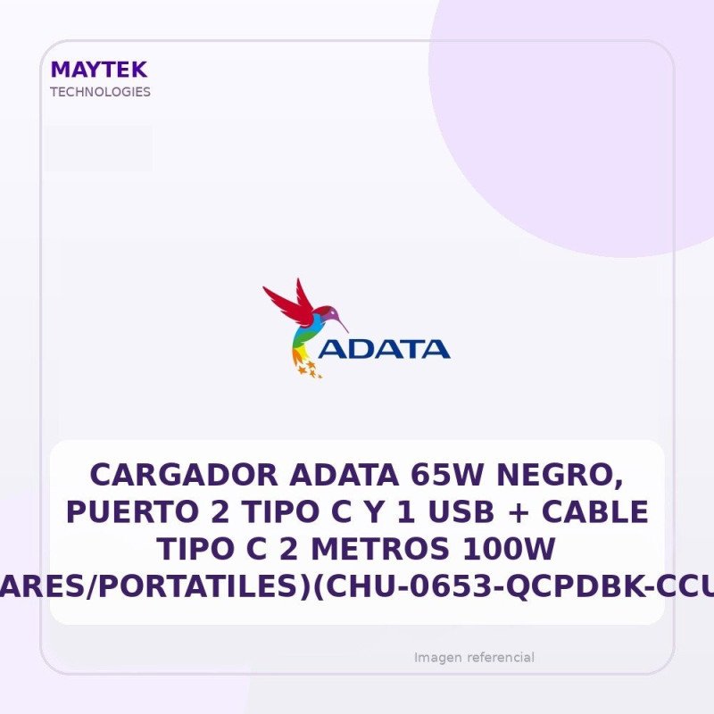 Cargador Adata 65W Negro, Puerto 2 Tipo C Y 1 USB + Cable Tipo C 2 Metros 100W (celulares/portatiles)(chu-0653-qcpdbk-ccu2-200)