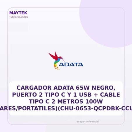 Cargador Adata 65W Negro, Puerto 2 Tipo C Y 1 USB + Cable Tipo C 2 Metros 100W (celulares/portatiles)(chu-0653-qcpdbk-ccu2-200)