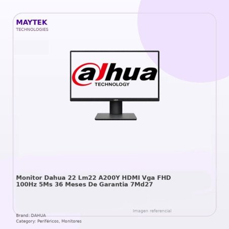 Monitor Dahua 22" | LM22-A200Y | HDMI | VGA | FHD | 100HZ | 5MS (36 Meses de Garantia)