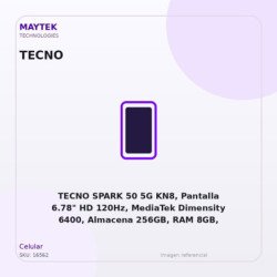 TECNO SPARK 50 5G KN8, Pantalla 6.78" HD 120Hz, MediaTek Dimensity 6400, Almacena 256GB, RAM 8GB, Android 16, Camara Trasera 2