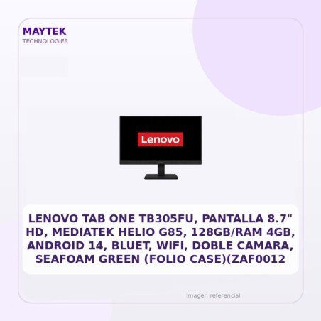 Lenovo TAB ONE Tb305fu, Pantalla 8.7" HD, Mediatek Helio G85, 128gb/ram 4GB, Android 14, Bluet, Wifi, Doble Camara, Seafoam