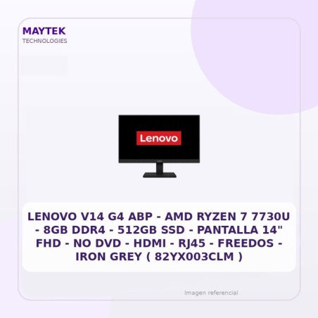 Lenovo V14 G4 ABP - AMD Ryzen 7 7730u - 8GB DDR4 - 512gb SSD - Pantalla 14" FHD - NO DVD - HDMI - RJ45 - Freedos - IRON GREY (
