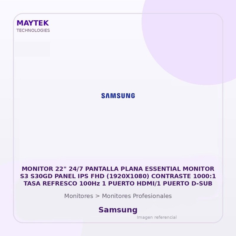 Samsung MONITOR 22" 24/7 PANTALLA PLANA ESSENTIAL MONITOR S3 S30GD PANEL IPS FHD (1920X1080) CONTRASTE 1000:1 TASA REFRESCO