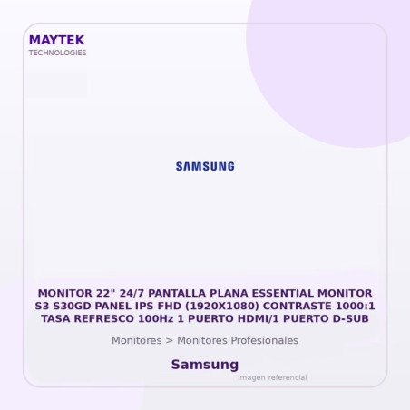 Samsung MONITOR 22" 24/7 PANTALLA PLANA ESSENTIAL MONITOR S3 S30GD PANEL IPS FHD (1920X1080) CONTRASTE 1000:1 TASA REFRESCO