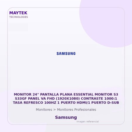 Samsung Monitor 24" Pantalla Plana Essential Monitor S3 S33GF Panel VA FHD (1920X1080) Contraste 1000:1 TASA Refresco 100HZ 1