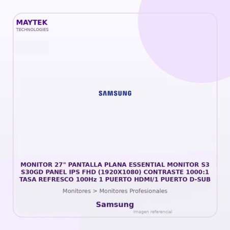 Samsung MONITOR 27" PANTALLA PLANA ESSENTIAL MONITOR S3 S30GD PANEL IPS FHD (1920X1080) CONTRASTE 1000:1 TASA REFRESCO 100Hz 1