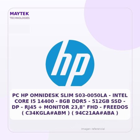 PC HP Omnidesk SLIM S03-0050la - Intel CORE I5 14400 - 8GB DDR5 - 512gb SSD - DP - RJ45 + Monitor 23,8" FHD - Freedos (