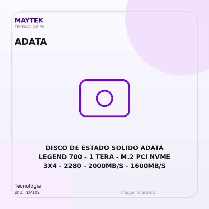 Disco de Estado Solido Adata Legend 700 | 1 TERA | M.2 PCI NVME 3X4 | 2280 | 2000MB/S | 1600MB/S