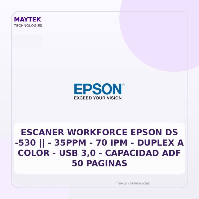 Epson Escaner Workforce Epson Ds -530 || - 35ppm - 70 Ipm - Duplex A Color - USB 3,0 - Capacidad Adf 50 Paginas