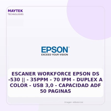 Epson Escaner Workforce Epson Ds -530 || - 35ppm - 70 Ipm - Duplex A Color - USB 3,0 - Capacidad Adf 50 Paginas