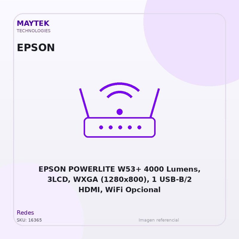 EPSON POWERLITE W53+ 4000 Lumens, 3LCD, WXGA (1280x800), 1 USB-B/2 HDMI, WiFi Opcional
