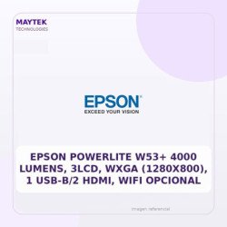 EPSON POWERLITE W53+ 4000 Lumens, 3LCD, WXGA (1280x800), 1 USB-B/2 HDMI, WiFi Opcional