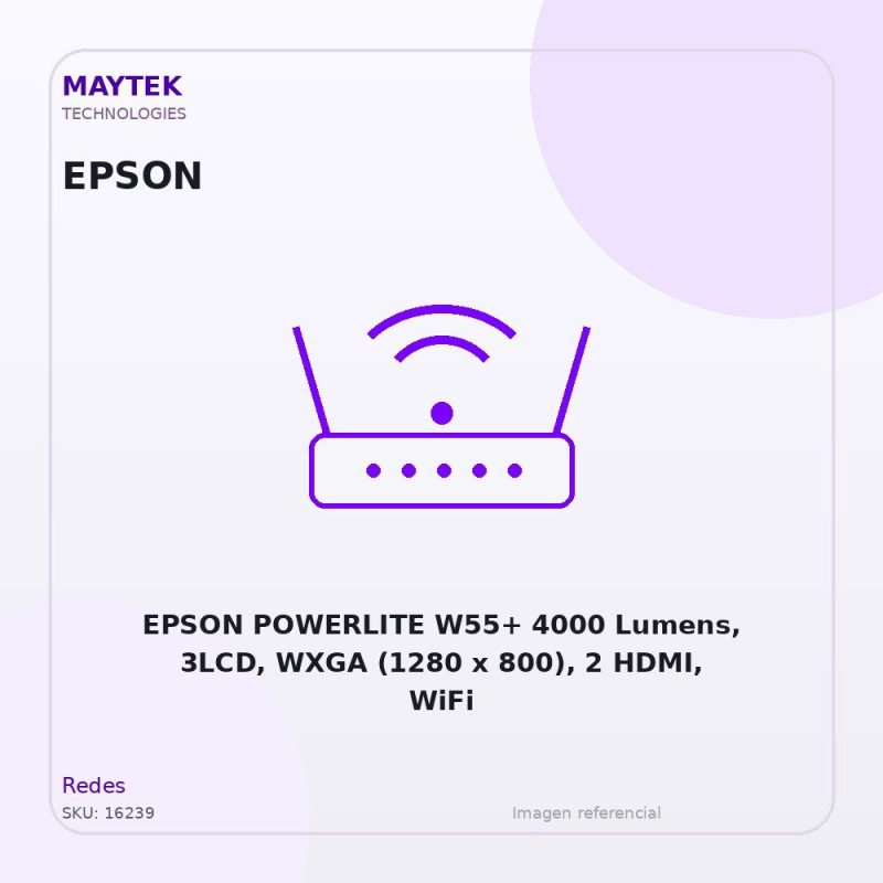 EPSON POWERLITE W55+ 4000 Lumens, 3LCD, WXGA (1280 x 800), 2 HDMI, WiFi