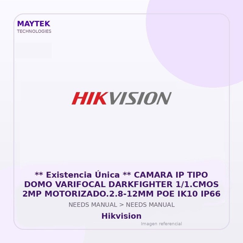 Hikvision Camara IP TIPO DOMO Varifocal Darkfighter 1/1.CMOS 2MP MOTORIZADO.2.8-12MM POE IK10 IP66