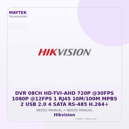 Hikvision DVR 08CH HD-TVI-AHD 720P @30FPS 1080P @12FPS 1 RJ45 10M/100M MPBS 2 USB 2.0 4 SATA RS-485 H.264+