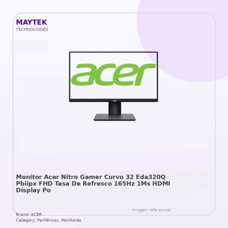 Acer Monitor .acer Nitro Gamer Curvo 32" - Eda320q Pbiipx - FHD - Tasa De Refresco 165hz - 1MS - HDMI - Display Port