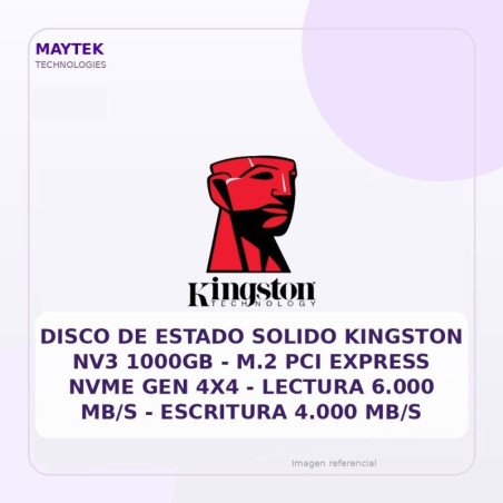 Disco de Estado Solido Kingston NV3 1000GB | M.2 PCI Express NVME GEN 4X4 | Lectura 6.000 MB/S | Escritura 4.000 MB/S
