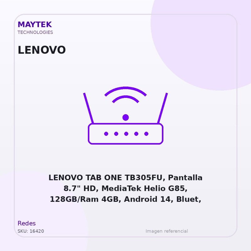 LENOVO TAB ONE TB305FU, Pantalla 8.7" HD, MediaTek Helio G85, 128GB/Ram 4GB, Android 14, Bluet, WIFI, Doble Camara, Seafoam