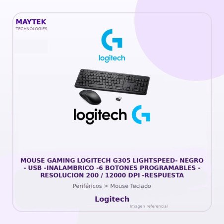 Mouse Gaming Logitech G305 Lightspeed- Negro - USB -inalambrico -6 Botones Programables - Resolucion 200 / 12000 DPI
