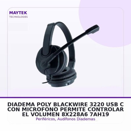 Diadema Poly Blackwire 3220 - USB C - Con Microfono - Permite Controlar El Volumen - 8x228a6