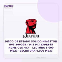Kingston Disco De Estado Solido Kingston NV3 1000gb - M.2 Pci Express Nvme Gen 4X4 - Lectura 6.000 Mb/s - Escritura 4.000 Mb/s