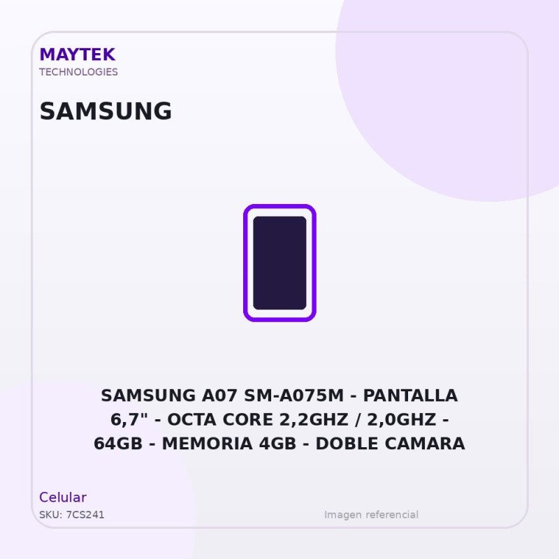 Samsung A07 SM-A075M | Pantalla 6,7" | OCTA CORE 2,2GHZ / 2,0GHZ | 64GB | Memoria 4GB | Doble Camara | Android 15 | DUAL SIM |