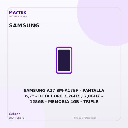 Samsung A17 SM-A175F | Pantalla 6,7" | OCTA CORE 2,2GHZ / 2,0GHZ | 128GB | Memoria 4GB | Triple Camara | Android 15 | DUAL SIM |