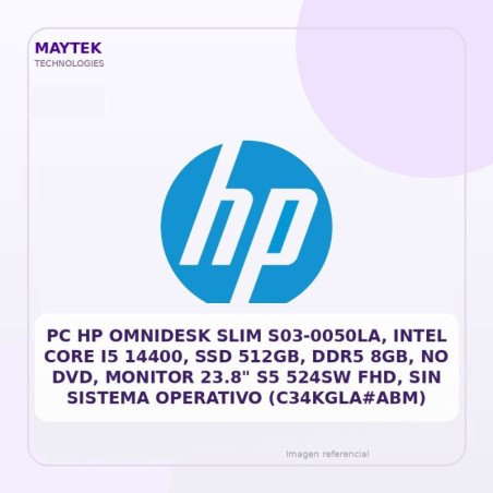 PC HP Omnidesk Slim S03-0050la, Intel Core I5 14400, SSD 512gb, DDR5 8GB, NO DVD, Monitor 23.8" S5 524sw FHD, Sin Sistema