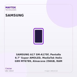 SAMSUNG A17 SM-A175F, Pantalla 6.7" Super AMOLED, MediaTek Helio G99 MT6789, Almacena 256GB, RAM 8GB, Android 15, Tres Camaras