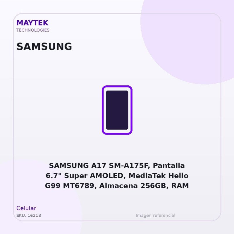 SAMSUNG A17 SM-A175F, Pantalla 6.7" Super AMOLED, MediaTek Helio G99 MT6789, Almacena 256GB, RAM 8GB, Android 15, Tres Camaras