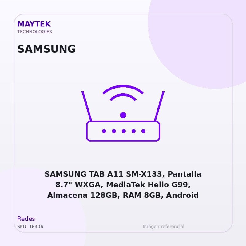 SAMSUNG TAB A11 SM-X133, Pantalla 8.7" WXGA, MediaTek Helio G99, Almacena 128GB, RAM 8GB, Android 15, Bluetooth, WiFi, Doble