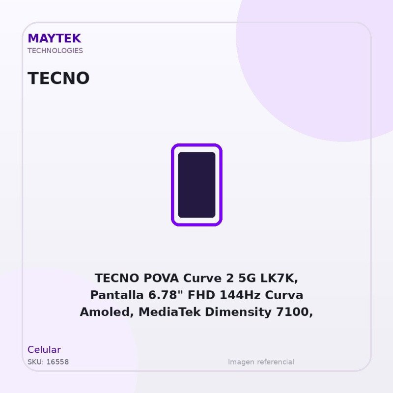 TECNO POVA Curve 2 5G LK7K, Pantalla 6.78" FHD 144Hz Curva Amoled, MediaTek Dimensity 7100, Almacena 256GB, RAM 8GB, Android 16