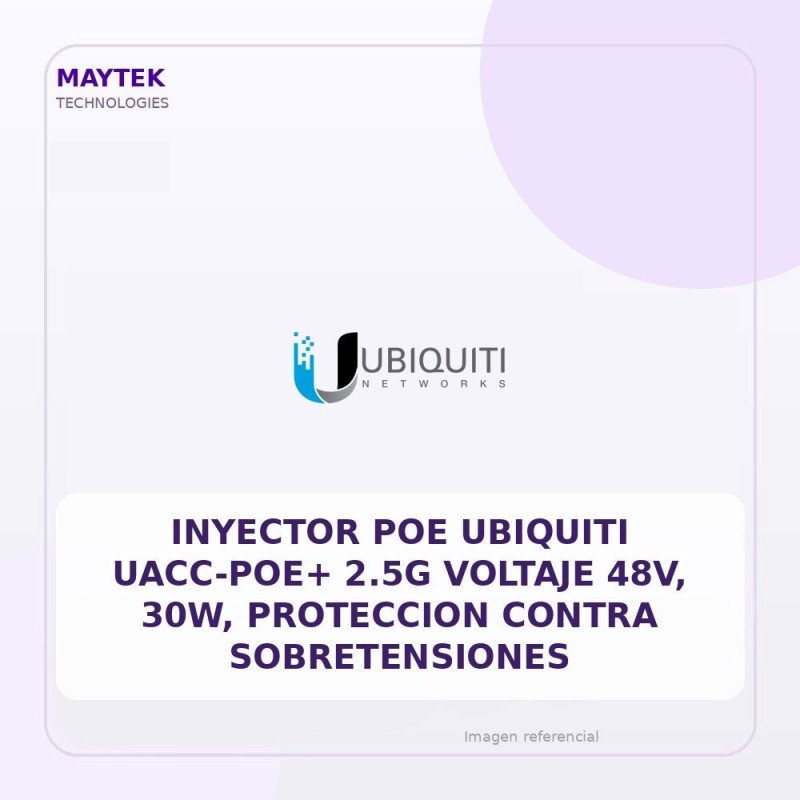 Inyector POE Ubiquiti UACC-POE+ 2.5G Voltaje 48v, 30W, Proteccion contra sobretensiones
