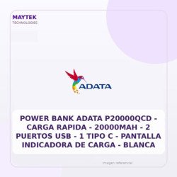 Adata Power Bank Adata P20000qcd - Carga Rapida - 20000mah - 2 Puertos USB - 1 Tipo C - Pantalla Indicadora De Carga - Blanca