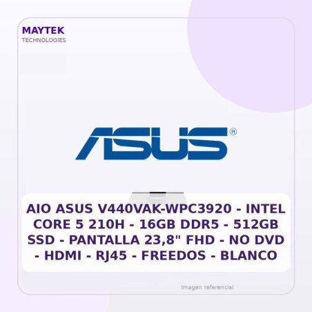 AIO ASUS V440VAK-WPC3920 | Intel CORE 5 210H | 16GB DDR5 | 512GB SSD | Pantalla 23,8" FHD | NO DVD | HDMI | RJ45 | Freedos |
