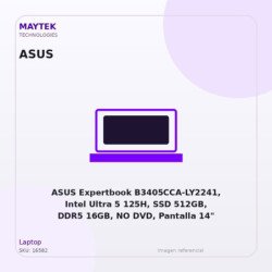 ASUS Expertbook B3405CCA-LY2241, Intel Ultra 5 125H, SSD 512GB, DDR5 16GB, NO DVD, Pantalla 14" WUXGA, Sin Sistema Operativo