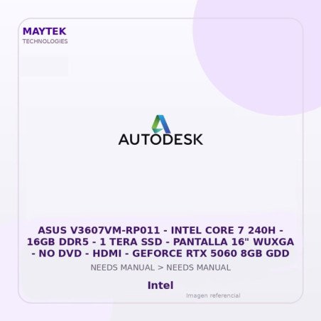 ASUS V3607VM-RP011 | Intel CORE 7 240H | 16GB DDR5 | 1 TERA SSD | Pantalla 16" Wuxga | NO DVD | HDMI | Geforce RTX 5060 8GB